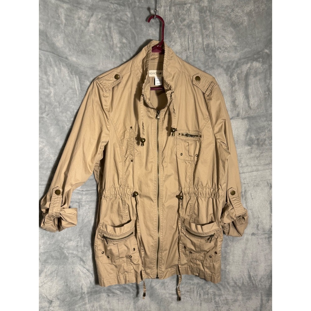 Fashion‎ Bug Womens XL Tan Khaki Utility Field Jacket Zip Up cinched 100% cotton